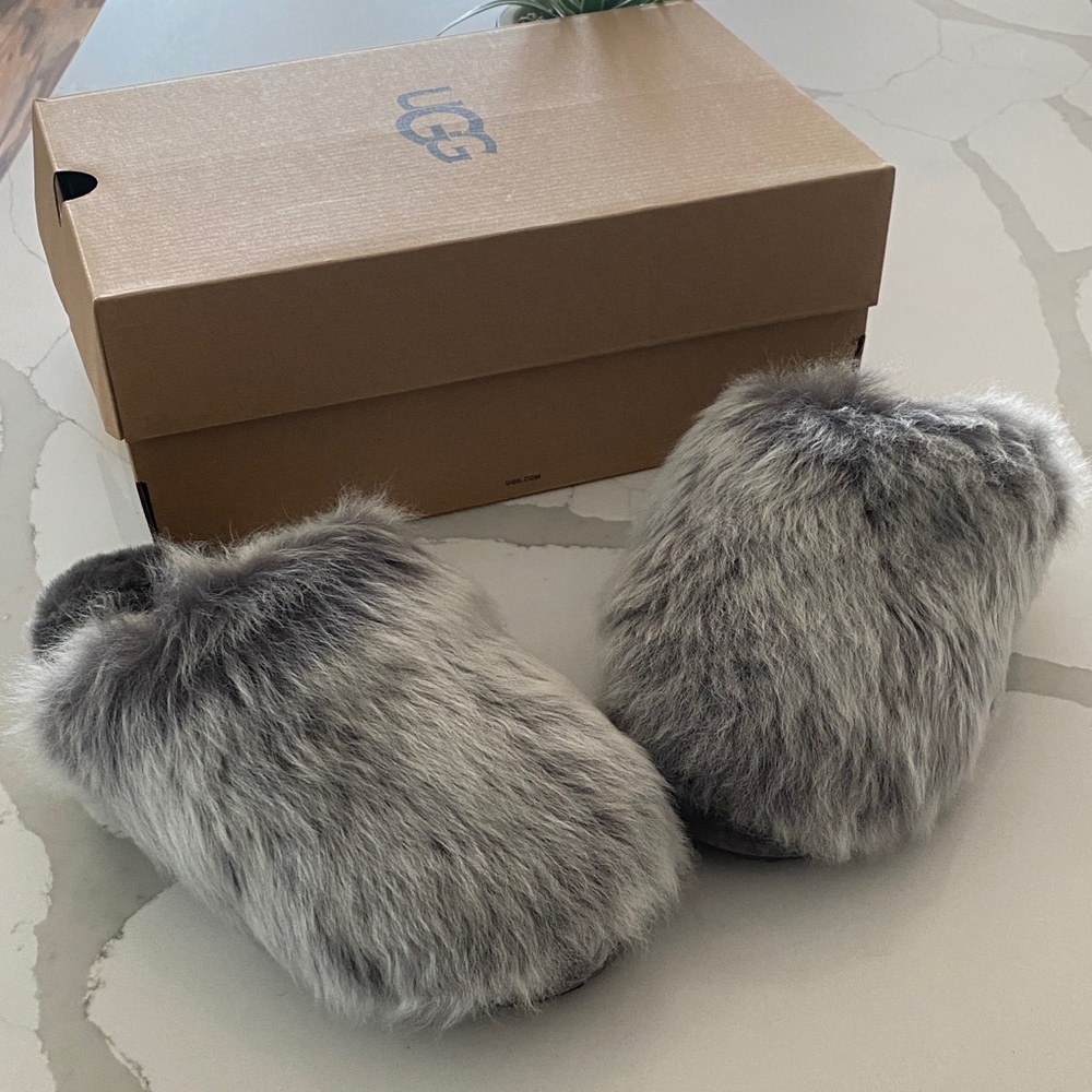 UGG Silver Gray Faux Fur Slide Slippers
